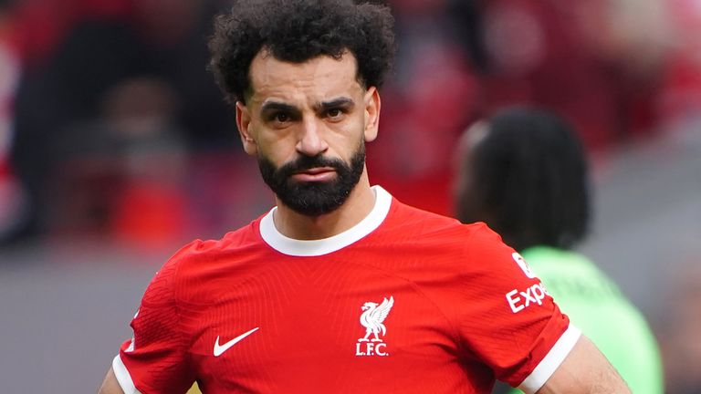 Liverpool's Mohamed Salah dejected following the Premier League match at Anfield, Liverpool. Picture date: Sunday April 14, 2024.