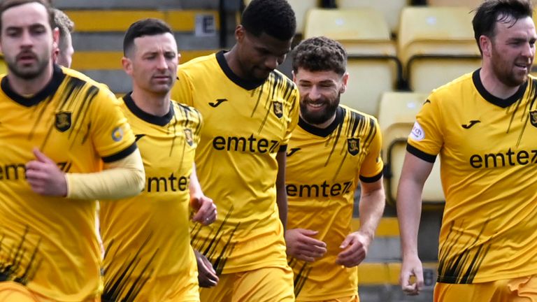 LIVINGSTON, SCOTLAND - APRIL 27:Livingston players celebrate Sean Kelly scoring, making it 2-0 during a cinch Premiership match between Livingston and Ross County at Tony Macaroni Arena, on April 27, 2024, in Livingston, Scotland.  (Photo by Rob Casey / SNS Group)