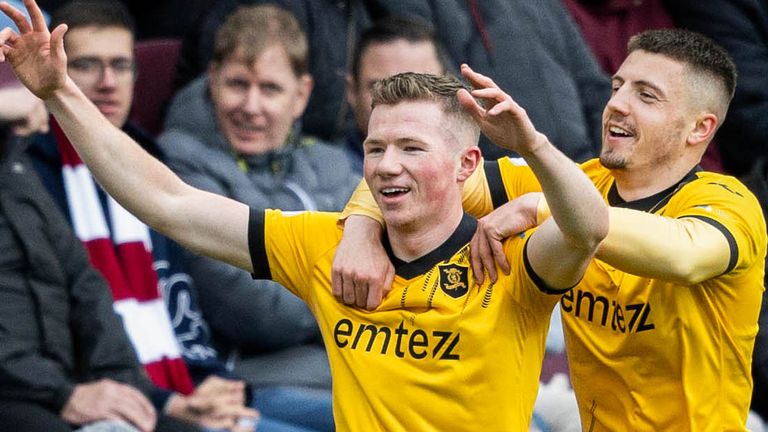 EDINBURGH, SCOTLAND - APRIL 13: Livingston's Stephen Kelly celebrates scoring to make it 1-0 with teammate Daniel Mackay during a cinch Premiership match between Heart of Midlothian and Livingston at Tynecastle Park, on April 13, 2024, in Edinburgh, Scotland. (Photo by Mark Scates / SNS Group)