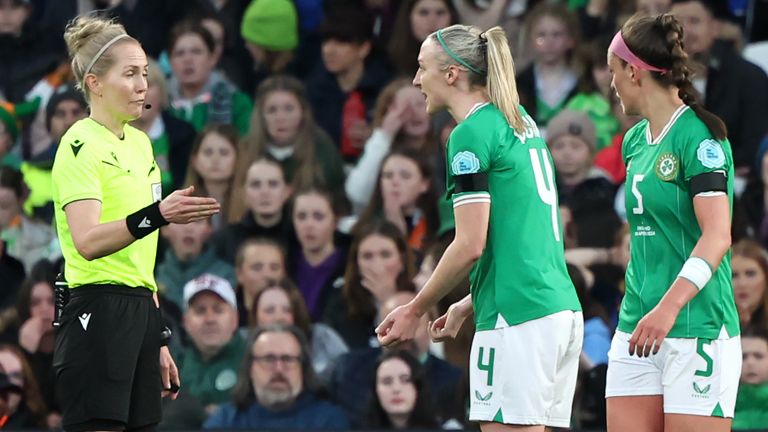 Louise Quinn questions the referee after she is penalised for handball