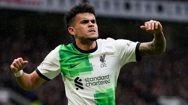 Liverpool's Luis Diaz celebrates after scoring the opening goal