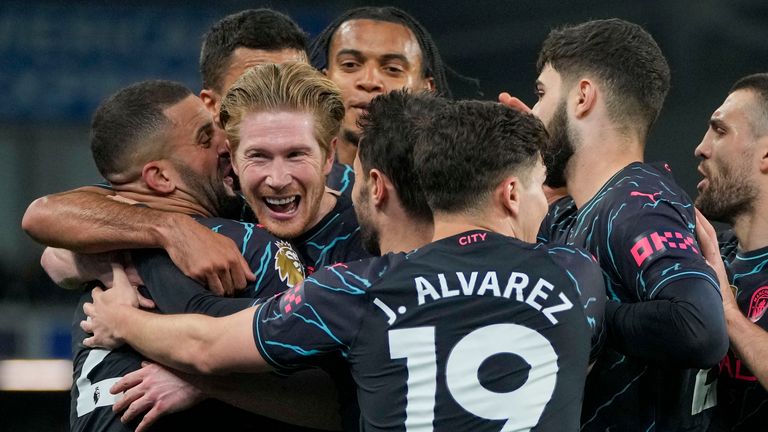 Man City celebrate Kevin De Bruyne's early goal at Brighton