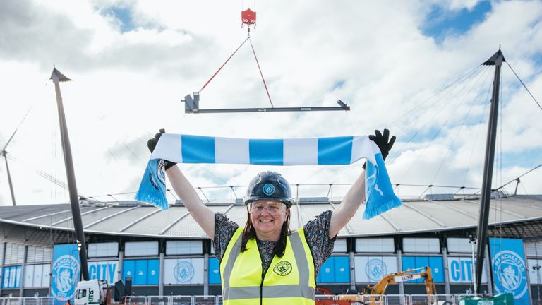of Manchester City during an event to celebrate and commemorate the first steel arriving at the North Stand development at The Etihad Stadium on February 26, 2024 in Manchester, England. (Photo by Tom Barton/Manchester City FC)