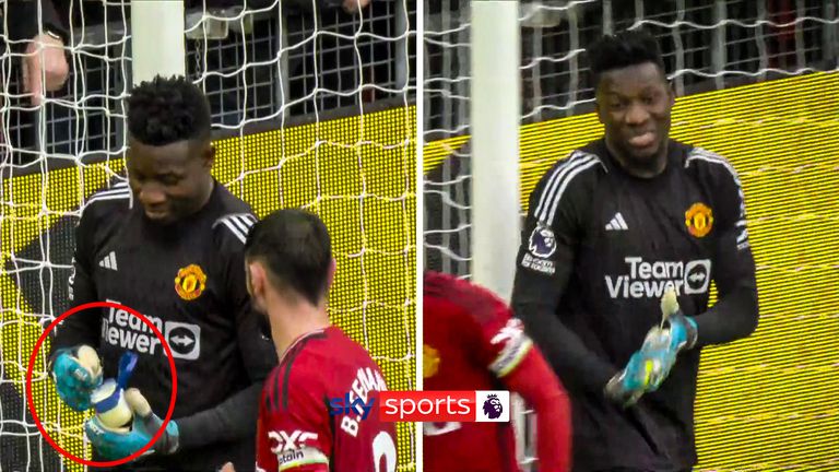 ANDRE ONANA GREASES GLOVES IN UTD GAME AGAINST LIVERPOOL
