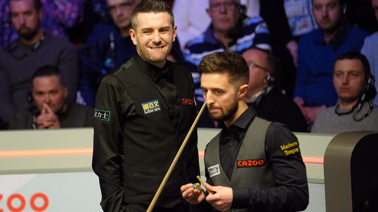 Mark Selby reacts during their match against Joe O'Connor (right) on day three of the 2024 Cazoo World Snooker Championship at the Crucible Theatre, Sheffield. Picture date: Monday April 22, 2024.