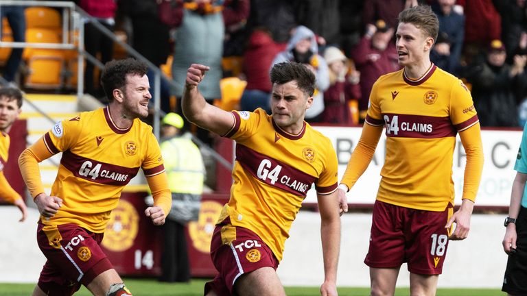 MOTHERWELL, SCOTLAND - APRIL 13: Shane Blaney celebrates after scoring to make it 1-1 during a cinch Premiership match between Motherwell and Hibernian at Fir Park, on April 13, 2024, in Motherwell, Scotland. (Photo by Paul Devlin / SNS Group)
