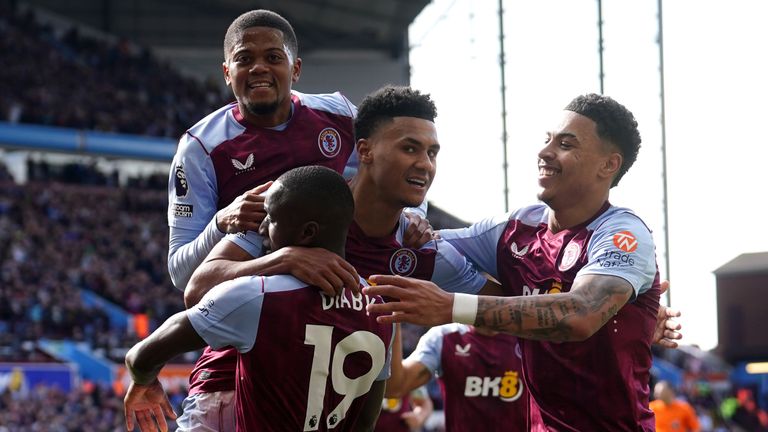 Aston Villa's Moussa Diaby celebrates with Ollie Watkins, Leon Bailey and Morgan Rogers after scoring Villa's second goal of the game