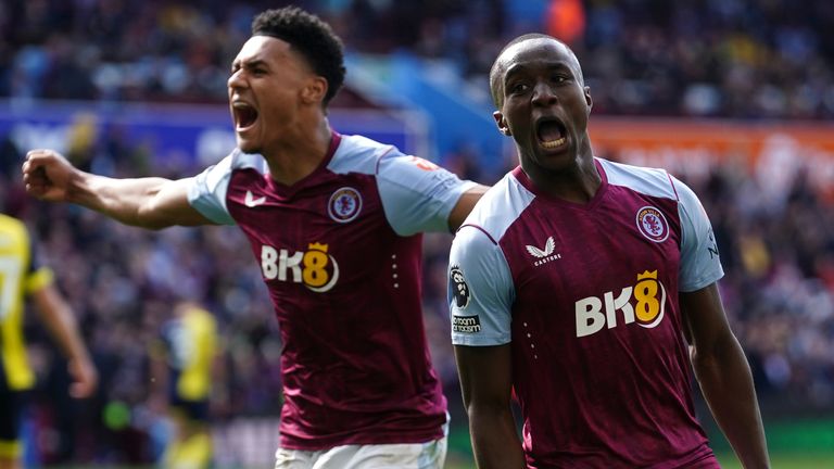 Moussa Diaby and Ollie Watkins celebrate as Villa take a 2-1 lead