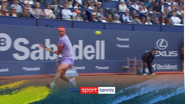 Rafa Nadal comes back from a break down and holds his serve in his match against Alex Di Minaur in Barcelona.