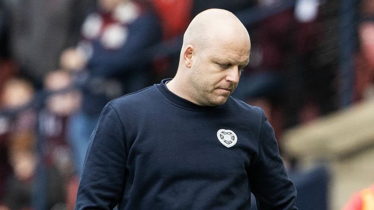GLASGOW, SCOTLAND - APRIL 21: Hearts head coach Steven Naismith looks dejected during a Scottish Gas Scottish Cup semi-final match between Rangers and Heart of Midlothian at Hampden Park, on April 21, 2024, in Glasgow, Scotland.  (Photo by Alan Harvey / SNS Group)