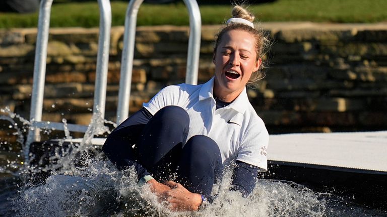 Nelly Korda jumps into the lake after winning the 2024 Chevron Championship (Associated Press)
