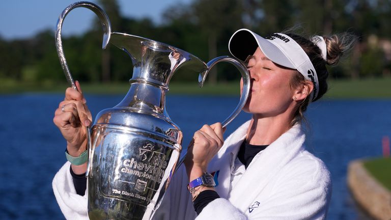 Nelly Korda kisses her trophy after winning the 2024 Chevron Championship (Associated Press)