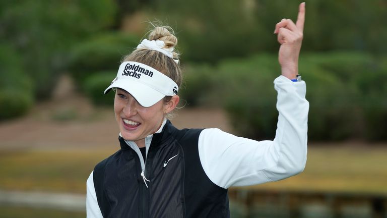 Nelly Korda celebrates her victory at the LPGA Ford Championship golf tournament Sunday, March 31, 2024, in Gilbert, Ariz.  (AP Photo/Ross D. Franklin)