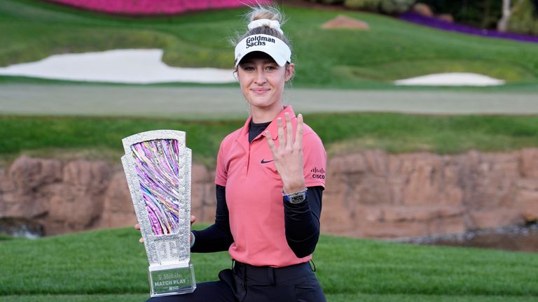 Nelly Korda poses with the trophy after winning the LPGA T-Mobile Match Play golf tournament Sunday, April 7, 2024, in North Las Vegas, Nev. (AP Photo/John Locher)