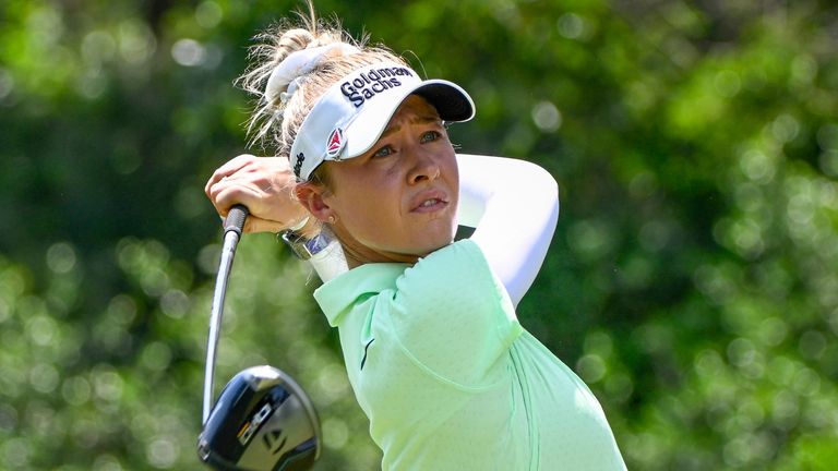 THE WOODLANDS, TX - APRIL 18: Nelly Korda (USA) watches her tee shot on 11 during Rd1 of the Chevron Championship at The Club at Carlton Woods on April 18, 2024 in The Woodlands, Texas. (Photo by Ken Murray/Icon Sportswire) (Icon Sportswire via AP Images)