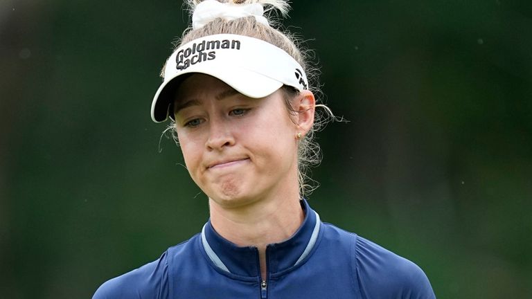 Nelly Korda..reacts to a missed putt on the seventh green during the third round of the Chevron Championship LPGA golf tournament Saturday, April 20, 2024, at The Club at Carlton Woods, in The Woodlands, Texas. (AP Photo/Eric Gay) 
