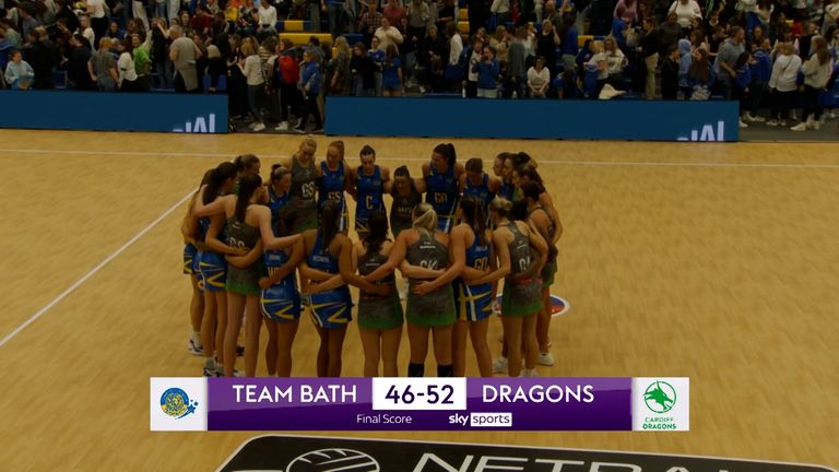 Highlights of the Netball Super League match between Team Bath and Cardiff Dragons.