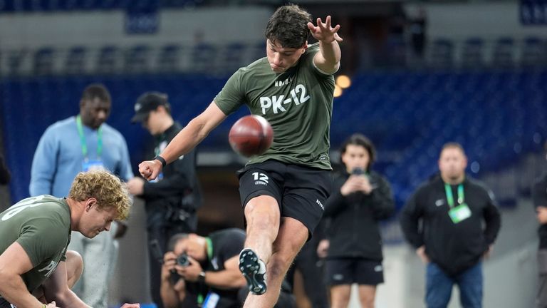 Kicker Charlie Smyth of Ireland runs a drill at the NFL football scouting combine