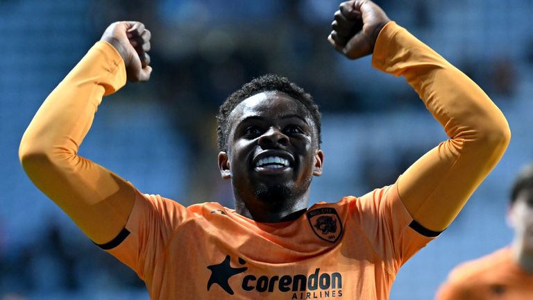 COVENTRY, ENGLAND - APRIL 24: Noah Ohio of Hull City celebrates following the team's victory in the Sky Bet Championship match between Coventry City and Hull City at The Coventry Building Society Arena on April 24, 2024 in Coventry, England. (Photo by Dan Mullan/Getty Images)