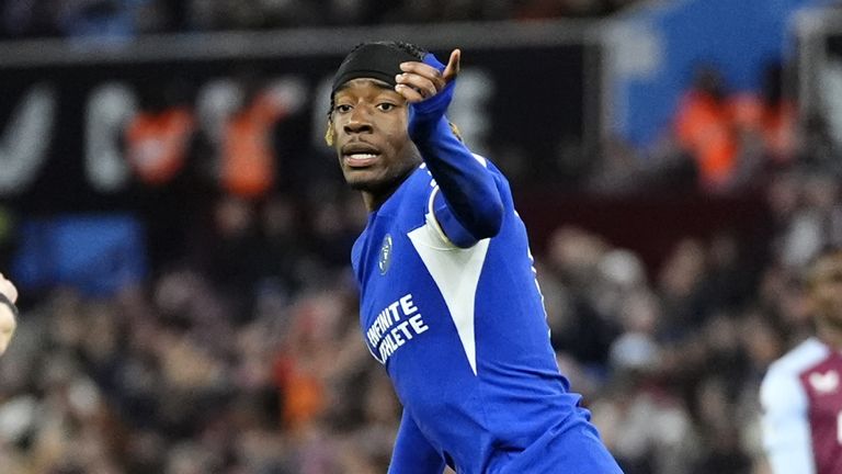 Chelsea's Noni Madueke celebrates scoring against Aston Villa