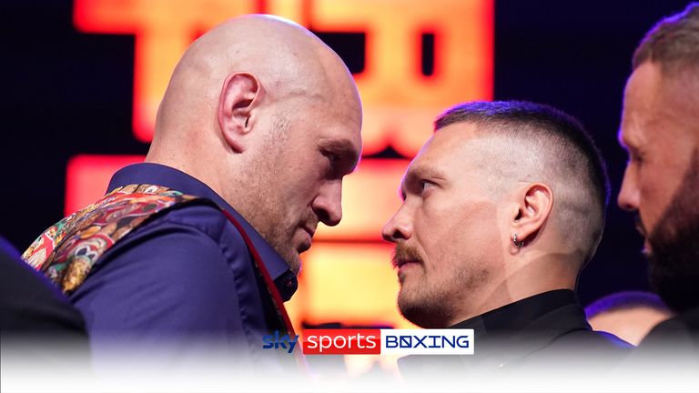 Tyson Fury (left) and Oleksandr Usyk during a press conference at Outernet London. Picture date: Thursday November 16, 2023.