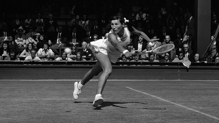Olga Morozova of Soviet Union dives across court to make a backhand return to Billie Jean King of Long Beach, California, whom she defeated 7-5; 6-2 in the quarter finals of the women...s singles at Wimbledon, London on July 3, 1974. (AP Photo) 
