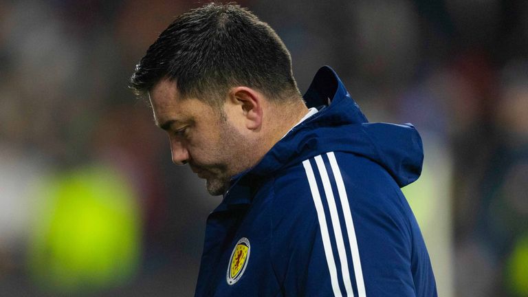 GLASGOW, SCOTLAND - DECEMBER 05: Scotland&#39;s Pedro Martinez Losa looks dejected during a UEFA Women&#39;s Nations League match between Scotland and England at Hampden Park, on December 05, 2023, in Glasgow, Scotland. (Photo by Ross Parker / SNS Group)