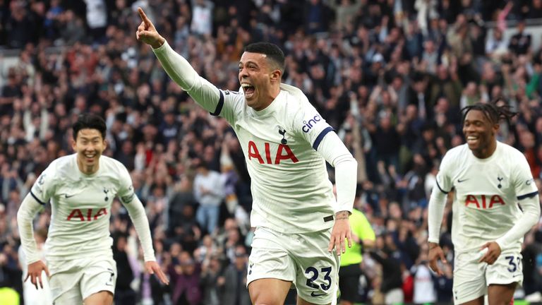 Tottenham's Pedro Porro celebrates after scoring their third goal