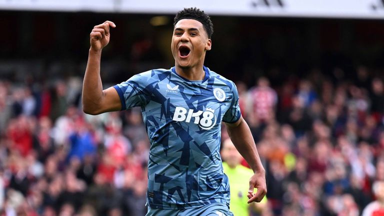 Ollie Watkins celebrates after scoring late on to double Aston Villa's lead against Arsenal