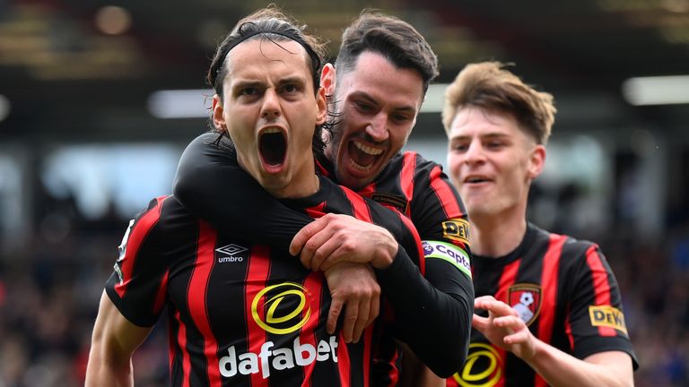 Enes Unal celebrates after scoring Bournemouth's second goal against Brighton