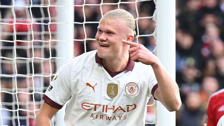 Erling Haaland celebrates after coming off the bench to score Man City's second goal against Nottingham Forest