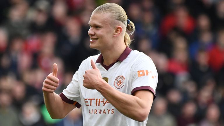 Erling Haaland gives a 'thumbs up' gesture after scoring against Nottingham Forest