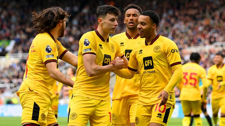 Anel Ahmedhodzic celebrates with his team-mates after giving Sheffield United an early lead at Newcastle