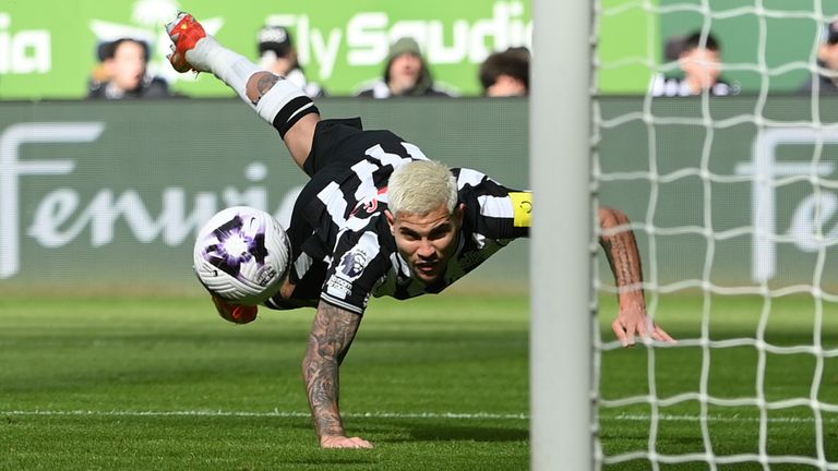Bruno Guimaraes heads Newcastle into the lead against Sheffield United