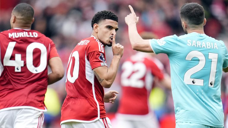 Morgan Gibbs-White gestures at Pablo Sarabia after equalising for Nottingham Forest against Wolves