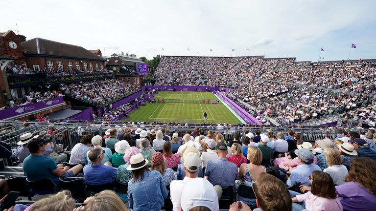 A general view of play as Andy Murray serves during the Men's Singles Lucky Loser Qualifying match against Alex De Minaur on day two of the 2023 cinch Championships at The Queen's Club, London. Picture date: Tuesday June 20, 2023.