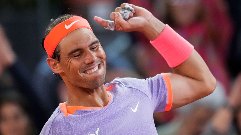 Rafael Nadal, of Spain, celebrates after winning to Alex de Minaur, of Australia, during the Mutua Madrid Open tennis tournament in Madrid, Saturday, April 27, 2024. (AP Photo/Manu Fernandez)