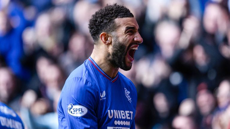 GLASGOW, SCOTLAND - MARCH 30: Rangers&#39; Connor Goldson celebrates as Rabbi Matondo scores to make it 3-1 during a cinch Premiership match between Rangers and Hibernian at Ibrox Stadium, on March 30, 2024, in Glasgow, Scotland.  (Photo by Craig Foy / SNS Group)