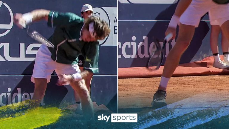 Andrey Rublev smashed his racket to the ground in rage after his shock defeat to Brandon Nakashima.