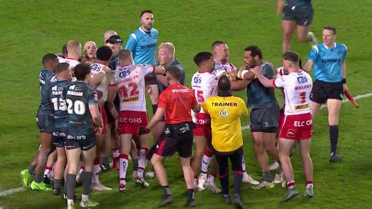 Tempers flared after Matt Whitley was taken out in the air and St Helens were denied a try against Huddersfield Giants.