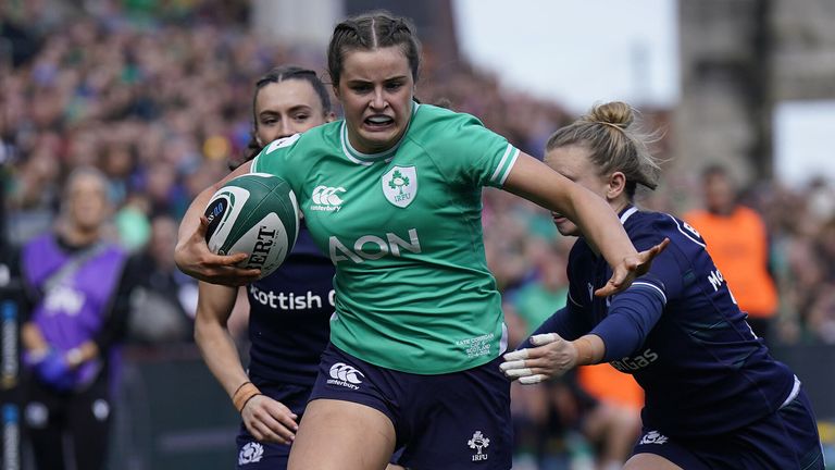 Katie Corrigan scores a try for Ireland against Scotland