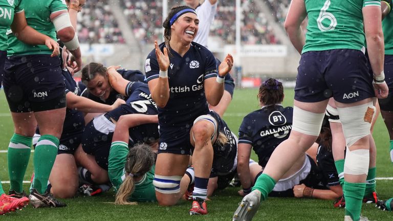 Emma Wassell celebrates Elis Martin's try in Scotland's Women's Six Nations clash with Ireland