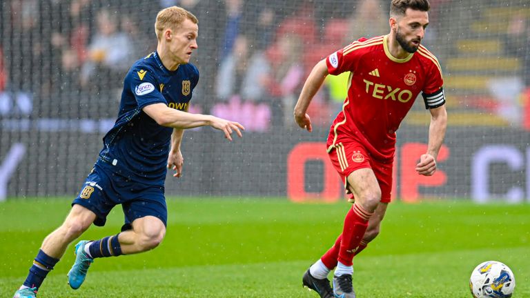 ABERDEEN, SCOTLAND - APRIL 13: Dundee's Scott Tiffoney (L) and Aberdeen's Graeme Shinnie in action during a cinch Premiership match between Aberdeen and Dundee at Pittodrie Stadium, on April 13, 2024, in Aberdeen, Scotland. (Photo by Rob Casey / SNS Group)