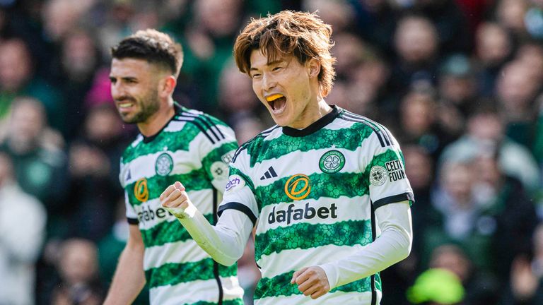 Kyogo Furuhashi celebrates after putting Celtic 2-0 up against St Mirren