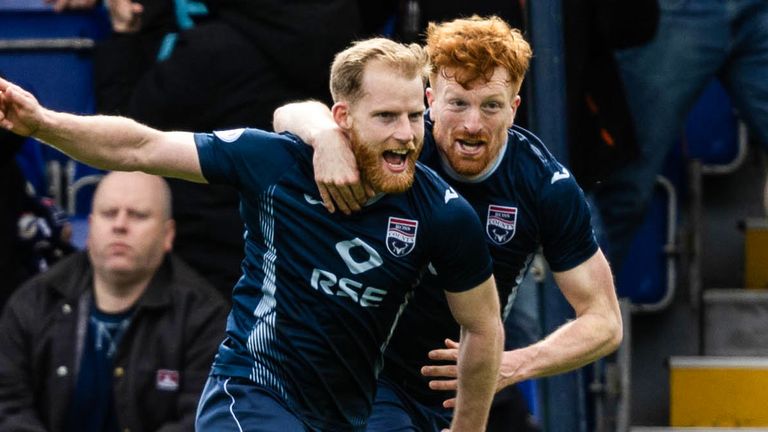 Josh Sims celebrates with Simon Murray after giving Ross County a 3-1 lead against Rangers