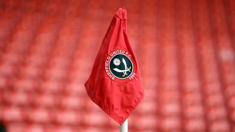 SHEFFIELD, ENGLAND - MARCH 30: A general view of a corner flag bearing the Sheffield United club emblem at Bramall Lane, ahead of the Premier League match between Sheffield United and Fulham FC at Bramall Lane on March 30, 2024 in Sheffield, England.(Photo by Rich Linley - CameraSport via Getty Images)