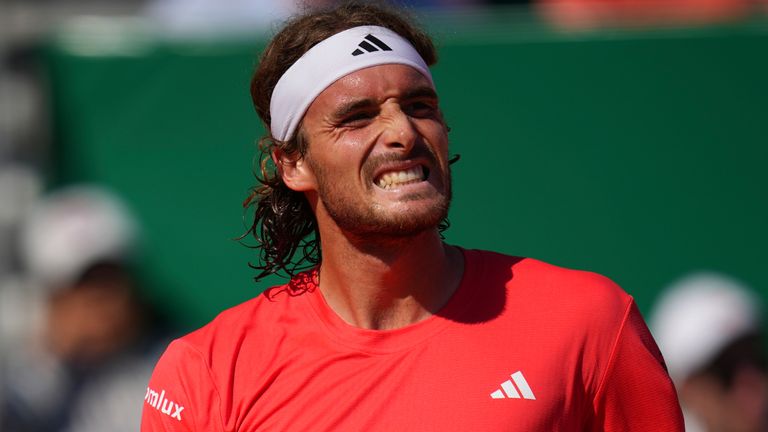 Stefanos Tsitsipas..of Greece reacts during his Monte Carlo Tennis Masters final match against Casper Ruud..of Norway in Monaco, Sunday, April 14, 2024. (AP Photo/Daniel Cole)