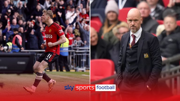 Manchester United&#39;s head coach Erik ten Hag follows the game during the English FA Cup semifinal soccer match between Coventry City and Manchester United at Wembley stadium in London, Sunday, April 21, 2024. (AP Photo/Alastair Grant)


