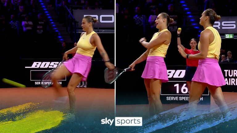 Aryna Sabalenka let her frustration get the better of her as she almost hits the umpire after booting the ball in anger!