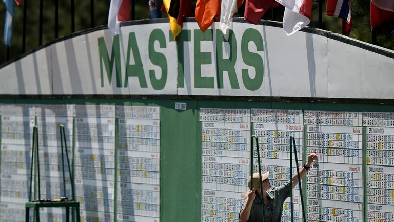 A worker changes the the main scoreboard during final round at the Masters golf tournament at Augusta National Golf Club Sunday, April 14, 2024, in Augusta, Ga. (AP Photo/Charlie Riedel)